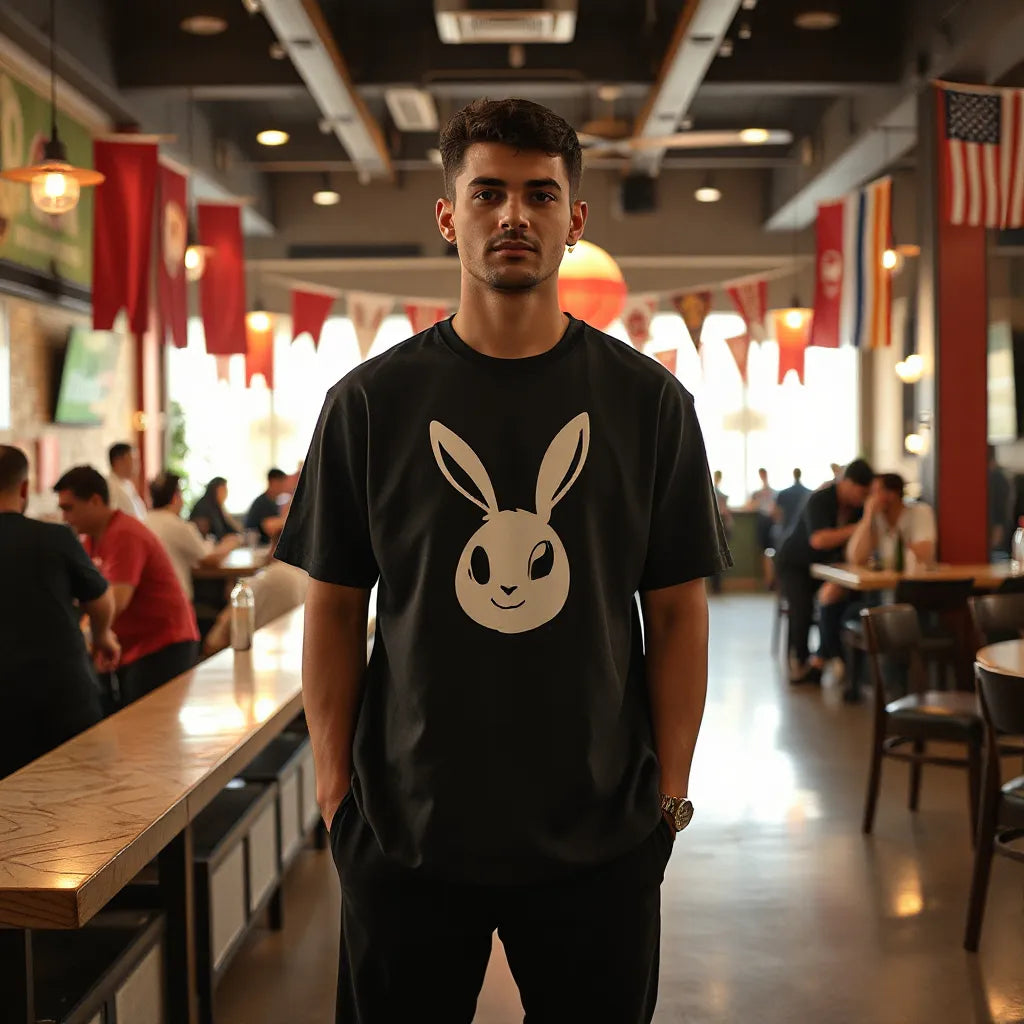 Person in a graphic streetwear t-shirt with subtle Super Bowl–style sports bar decor in the background