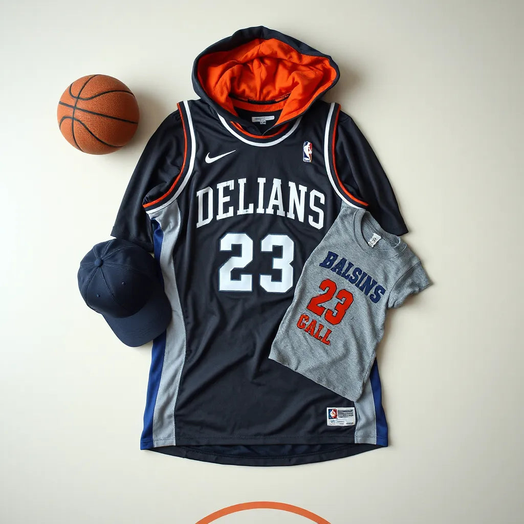 Stacked basketball fan clothing with jersey, hoodie, t-shirt, cap, and a basketball
