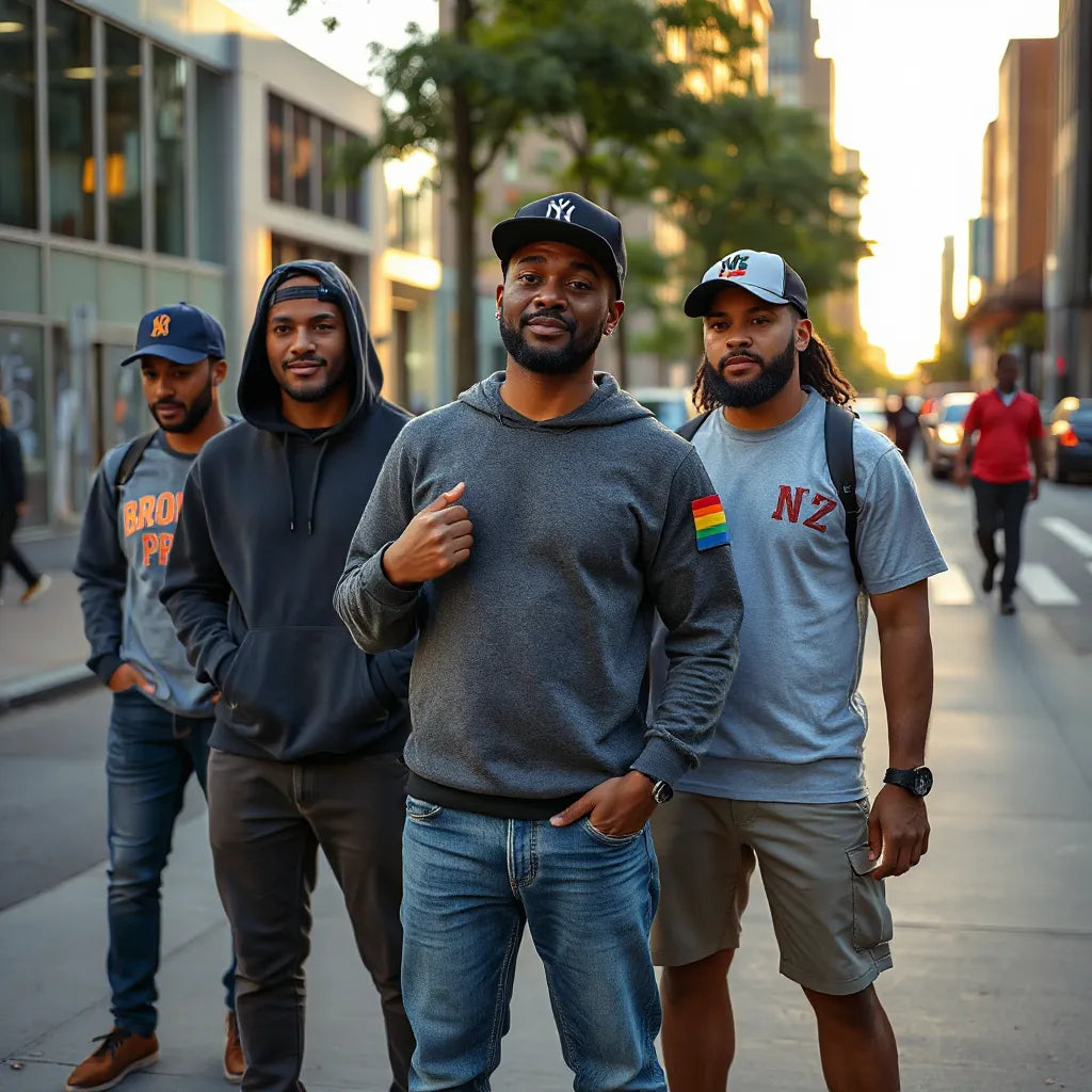 People in Bronx pride outfits adjusting hoodies and jackets on a city sidewalk at golden hour