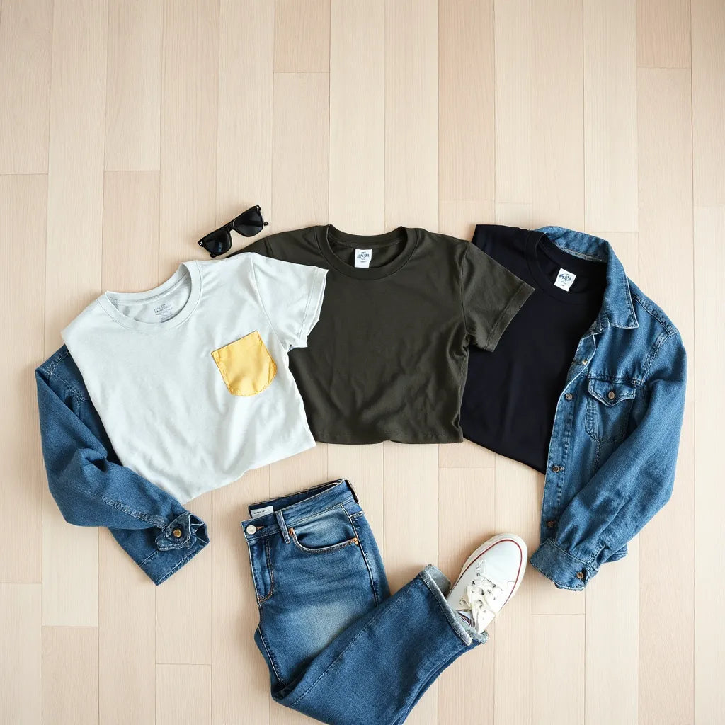 Unisex graphic tees styled with jeans and a denim jacket on a light wood surface