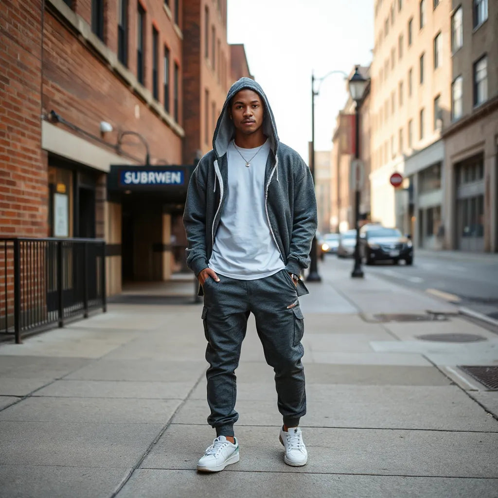 Model in modern athletic wear with hoodie and track pants on a Bronx street with sneakers and brick walls