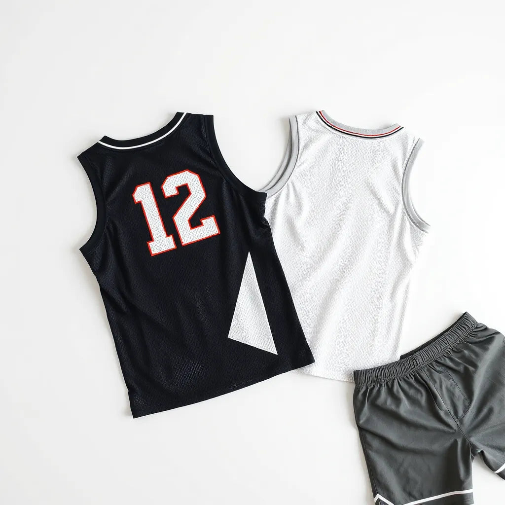 Two unisex basketball jerseys with visible stitching and mesh texture laid out beside athletic shorts