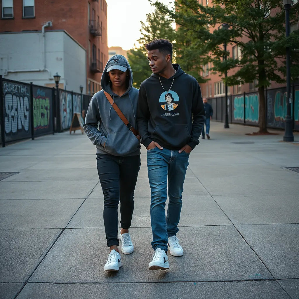 Two people in modern streetwear outfits walking on a Bronx sidewalk with city walls in the background