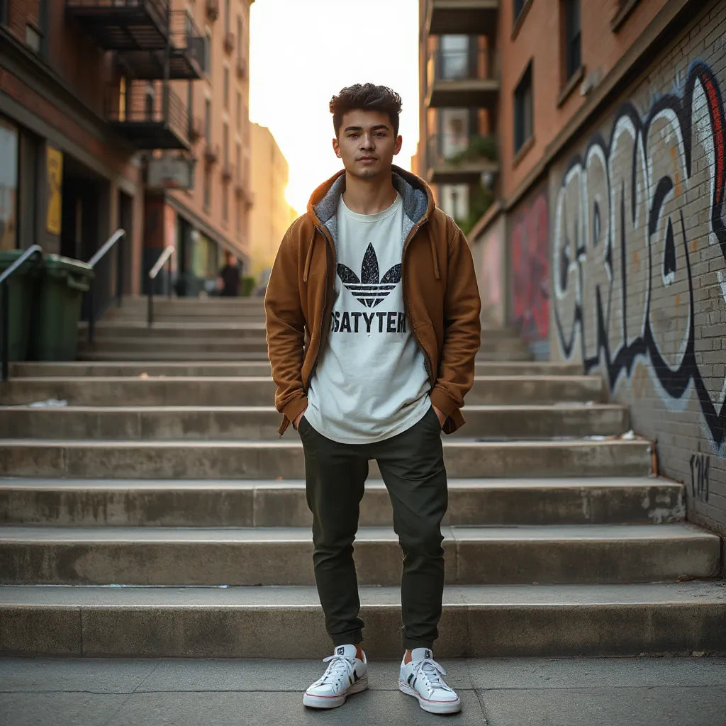 Person in casual hoodie and graphic tee styled for streetwear on Bronx street steps