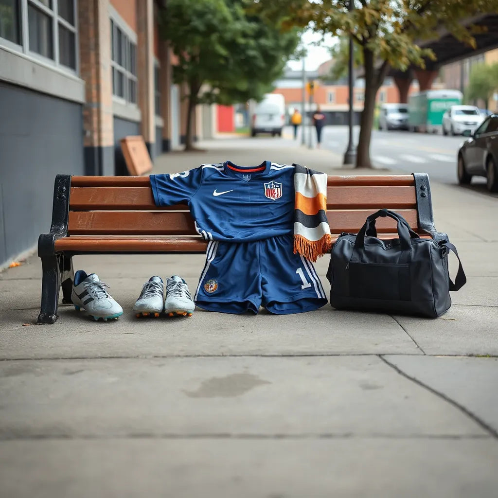 Neatly arranged soccer gear with jersey, scarf, and cleats in a Bronx-inspired street setting