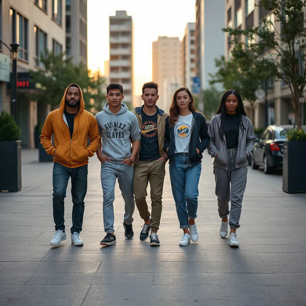 Diverse friends in coordinated streetwear outfits walking on a city sidewalk at golden hour