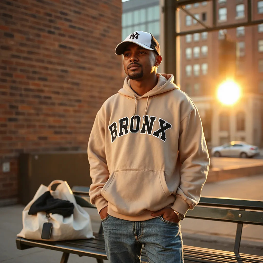Person wearing Bronx-themed hoodie and cap on a Bronx street with matching accessories laid out
