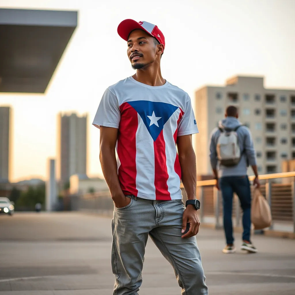 Person wearing casual Puerto Rican flag apparel in red, blue, and white with neutral jeans outdoors