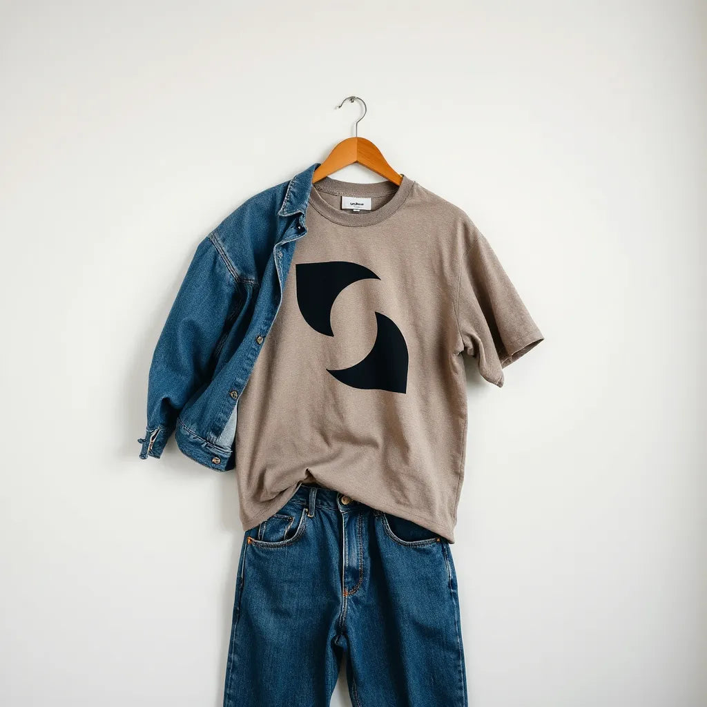 Oversized graphic tee styled with denim layers and relaxed jeans on a neutral studio background