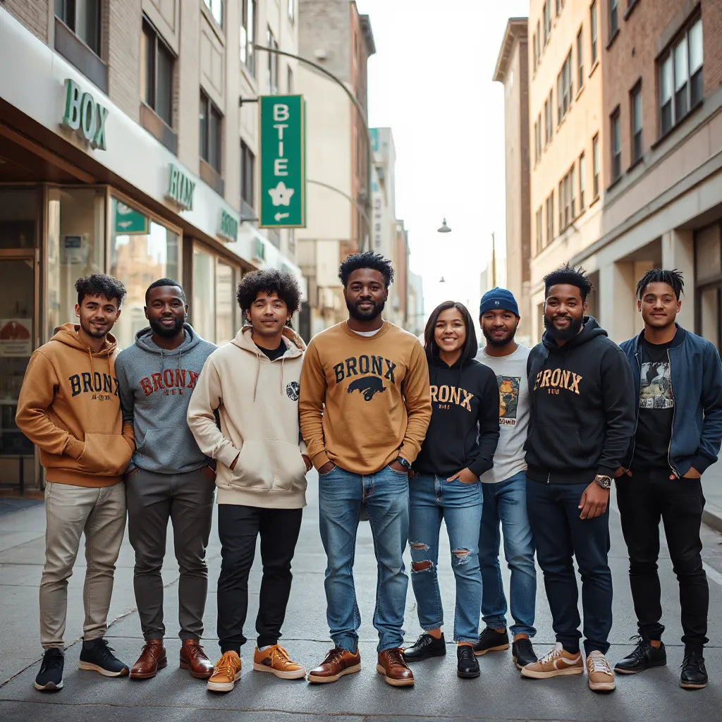 Friends in casual streetwear standing on a sunny Bronx street corner