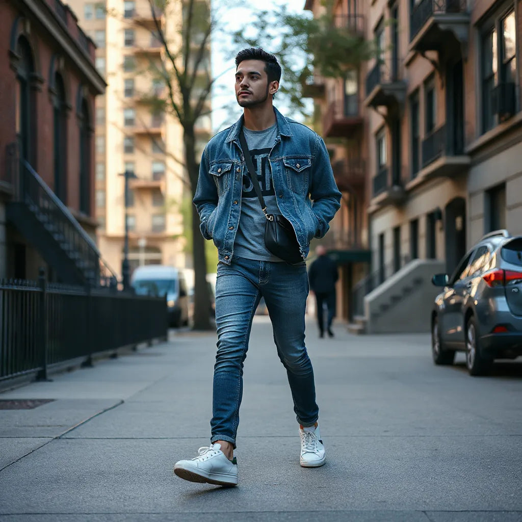 Streetwear outfit in the Bronx with a denim jacket, graphic tee, jeans, and sneakers on a city sidewalk