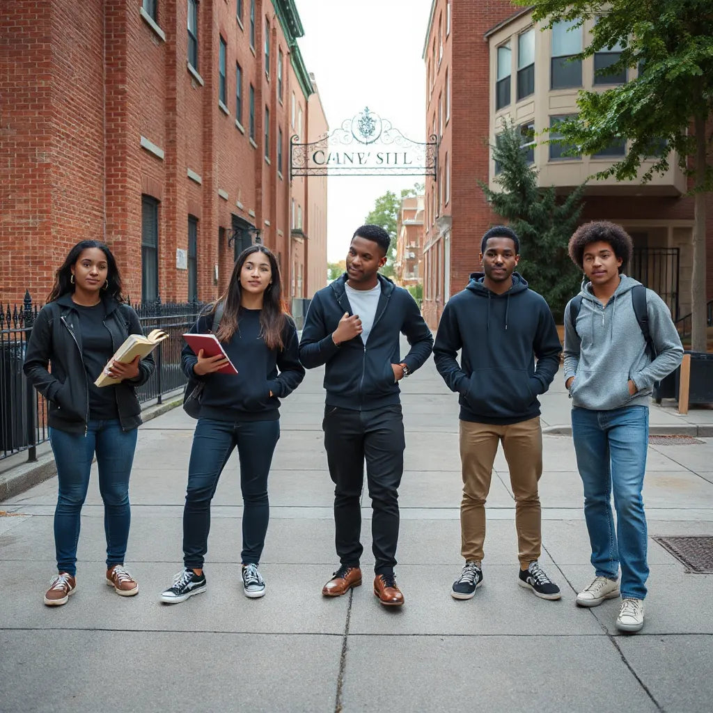Young adults wearing modern casual educational-inspired outfits on a Bronx sidewalk near a campus entrance
