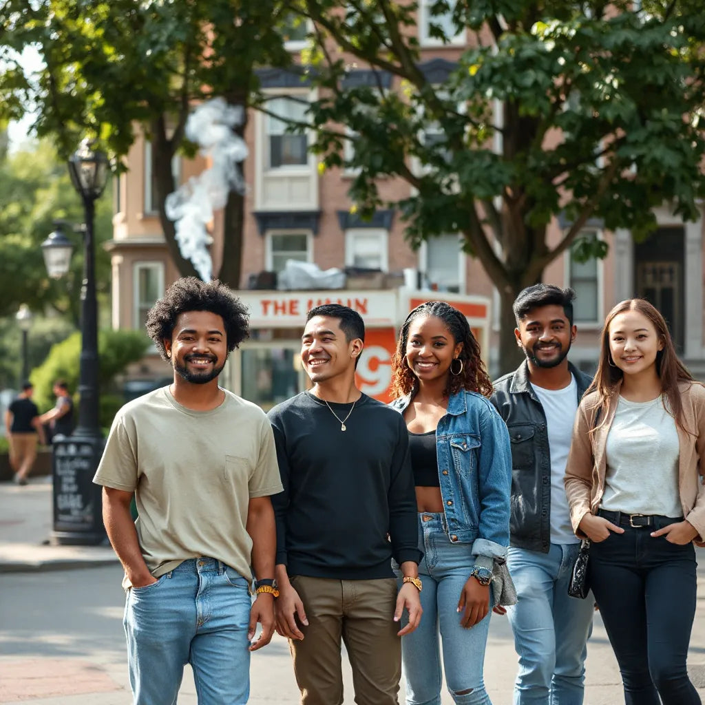 Friends in casual streetwear celebrating on a Bronx street with street food stand in the background