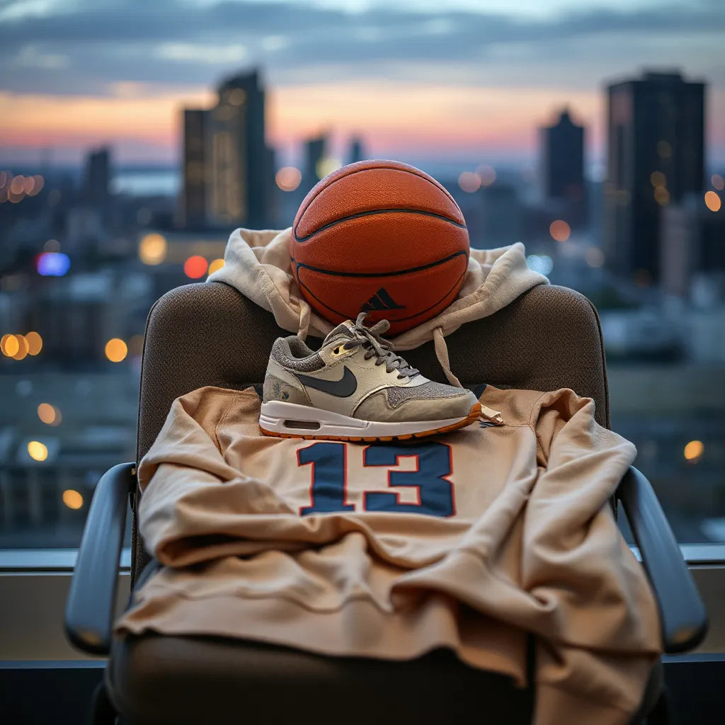 Basketball fan outfit setup with hoodie, jersey, cap, and basketball on sneakers in a city dusk scene