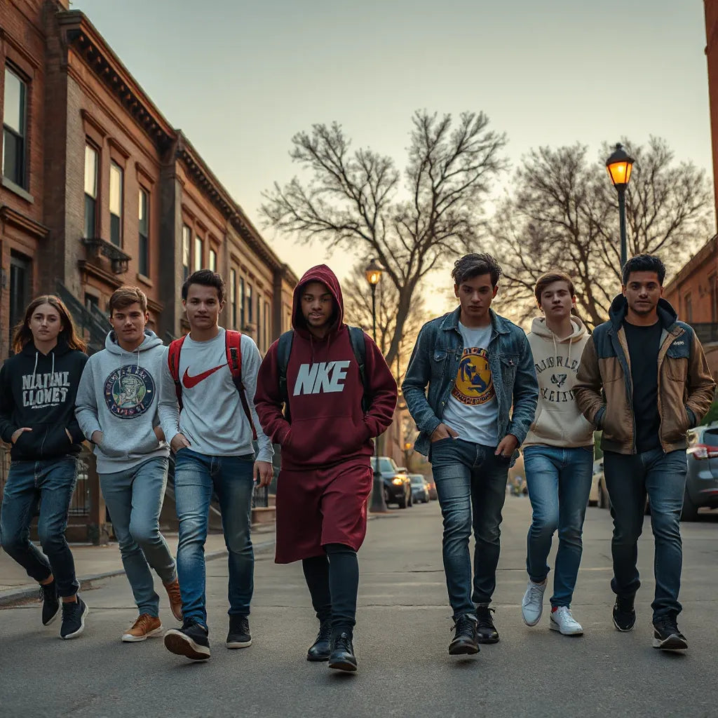 Bronx teens in streetwear outfits with hoodies, sneakers, and layered jackets on a city sidewalk