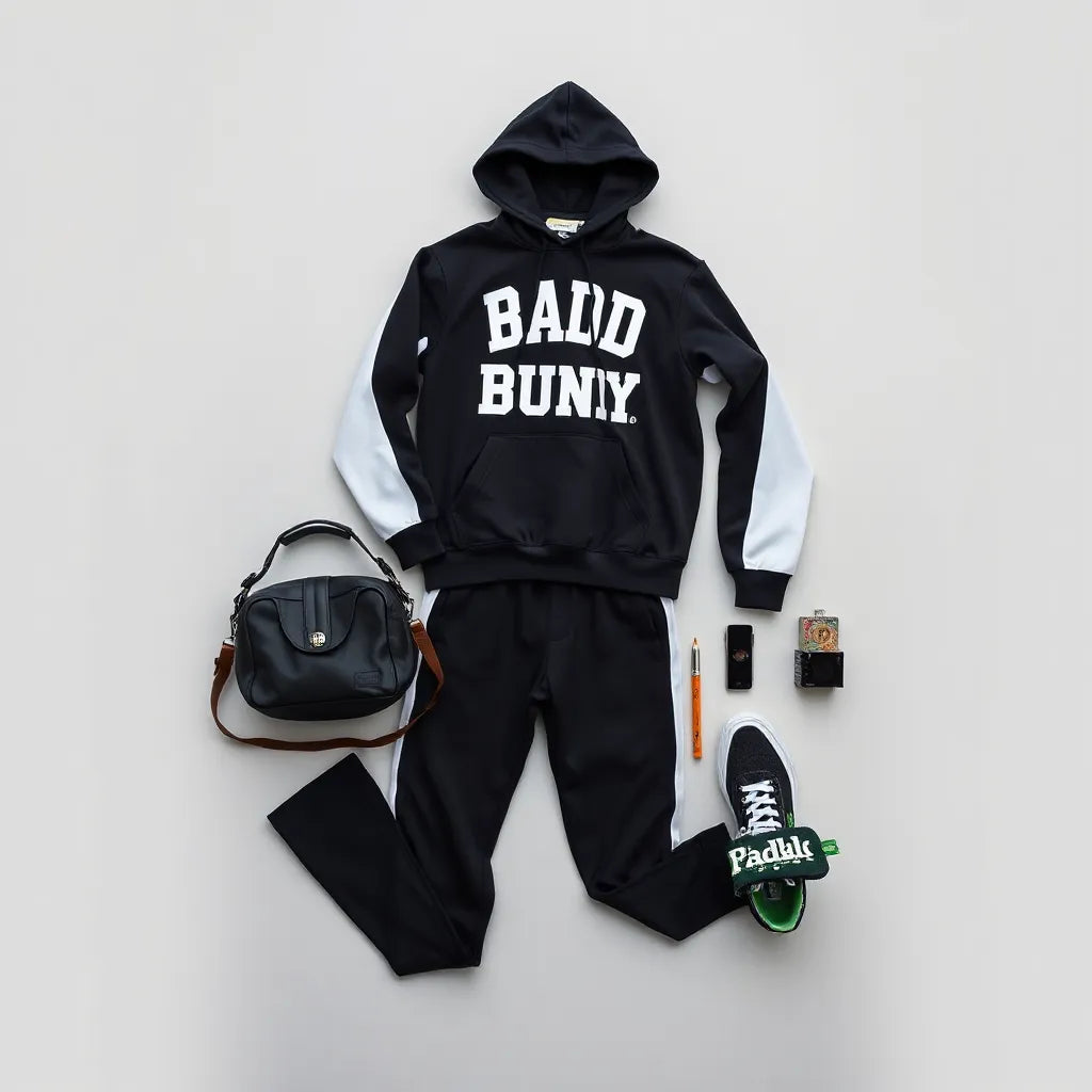 Streetwear outfit for Super Bowl style with hoodie, joggers, cap, sneakers, and crossbody bag on a neutral background