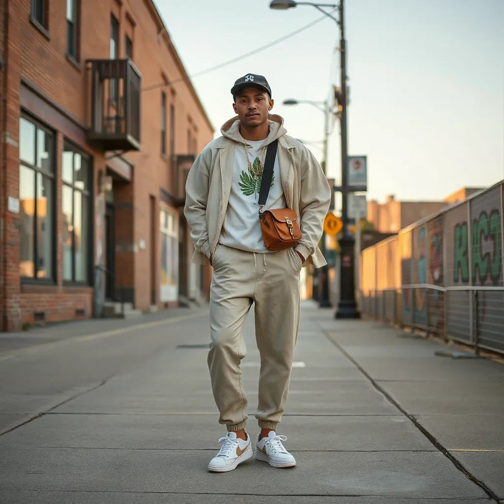 Person styling a coqui-inspired streetwear outfit with hoodie, joggers, and sneakers in a Bronx street setting