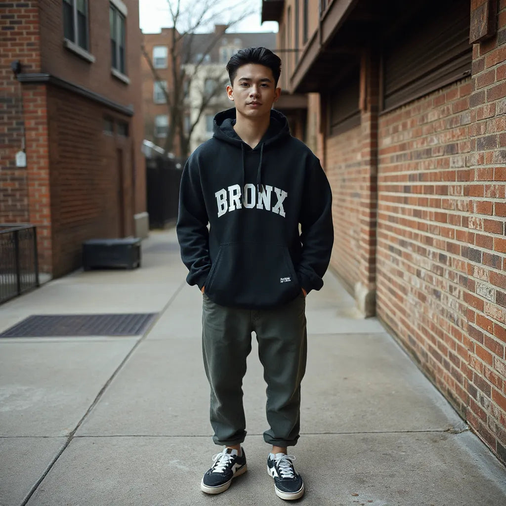 Model in a dark urban hoodie standing outdoors near a brick wall in the Bronx
