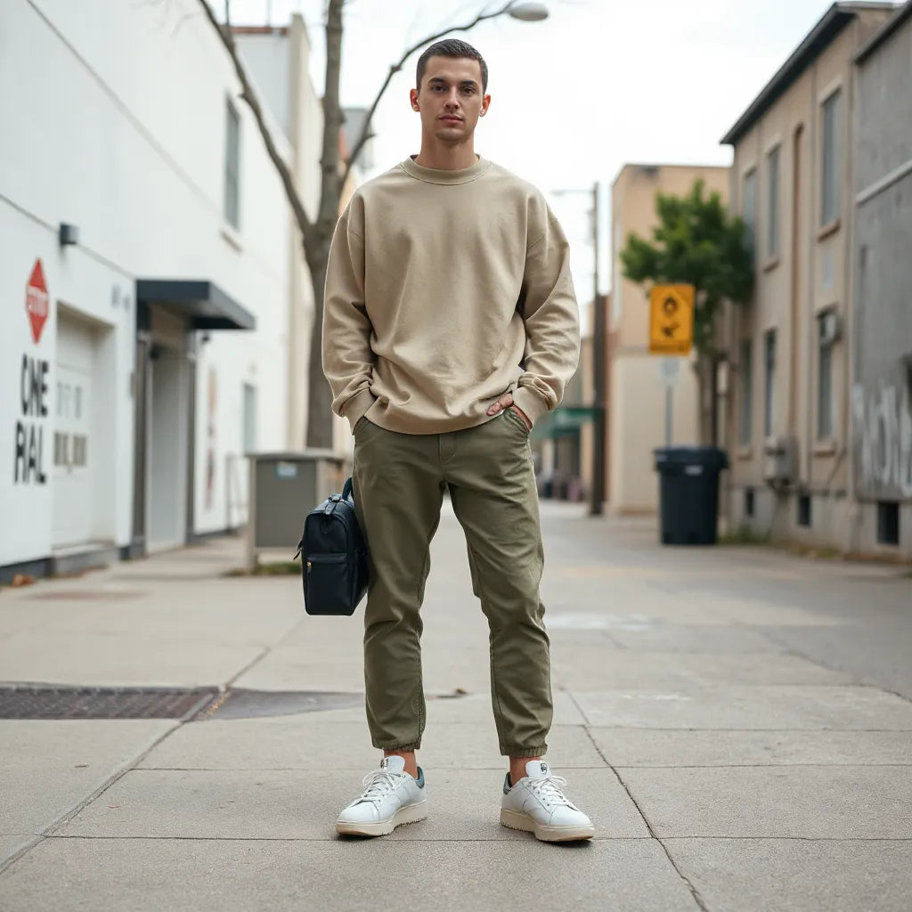 Person wearing an oversized sweatshirt in an urban Bronx-inspired street setting