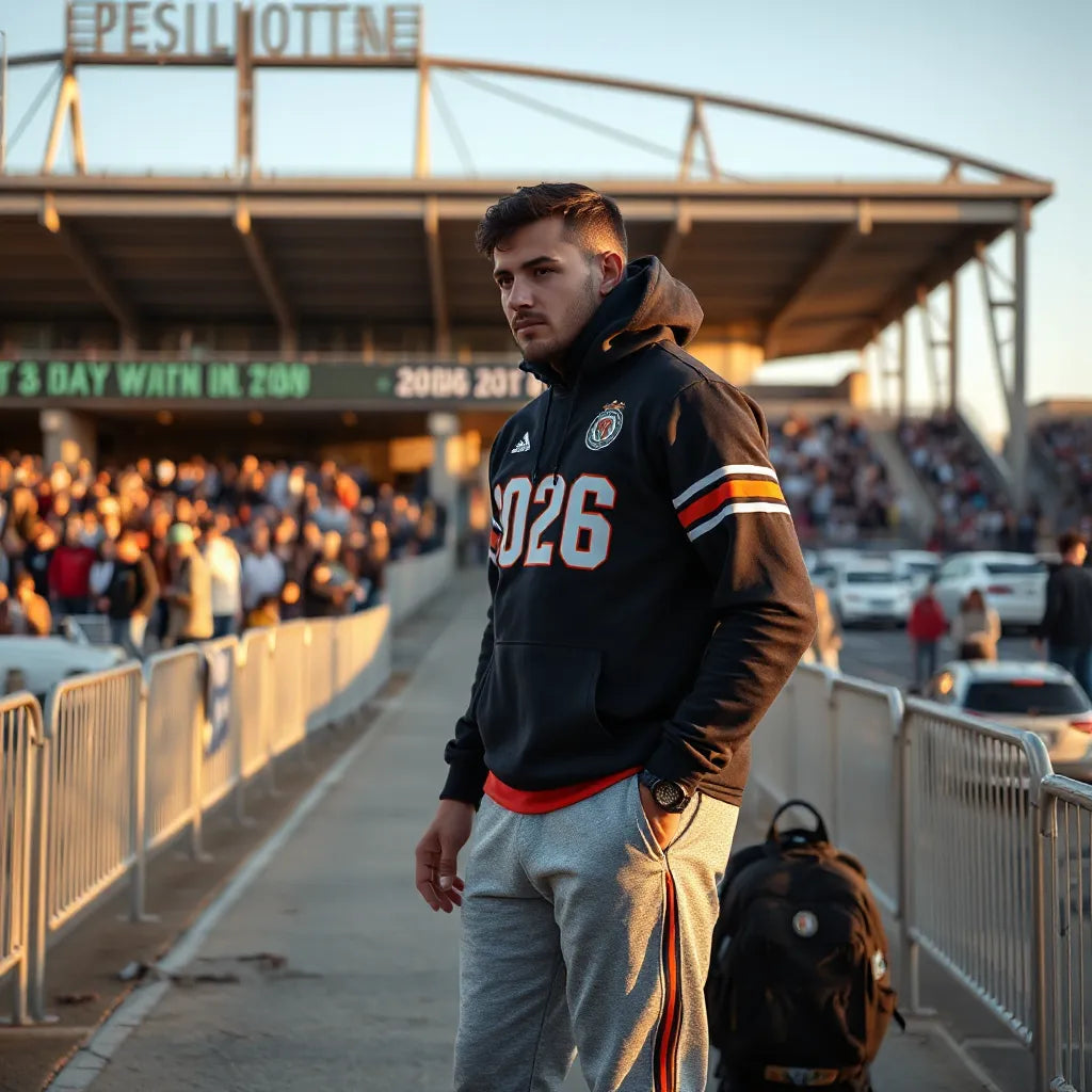 Person in playoff-style jersey and hoodie standing by a stadium entrance at golden hour