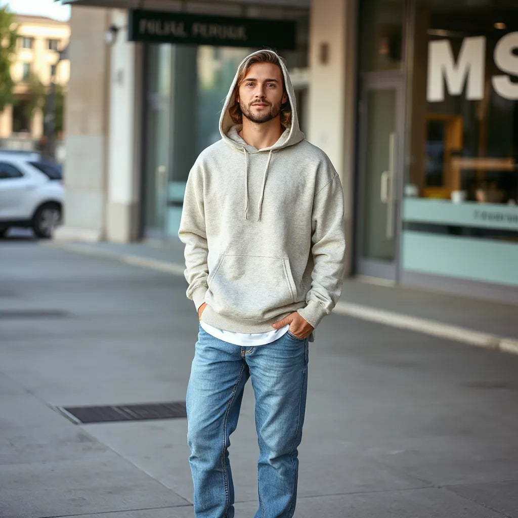 Person in a neutral cotton hoodie styled with jeans and sneakers in soft daylight