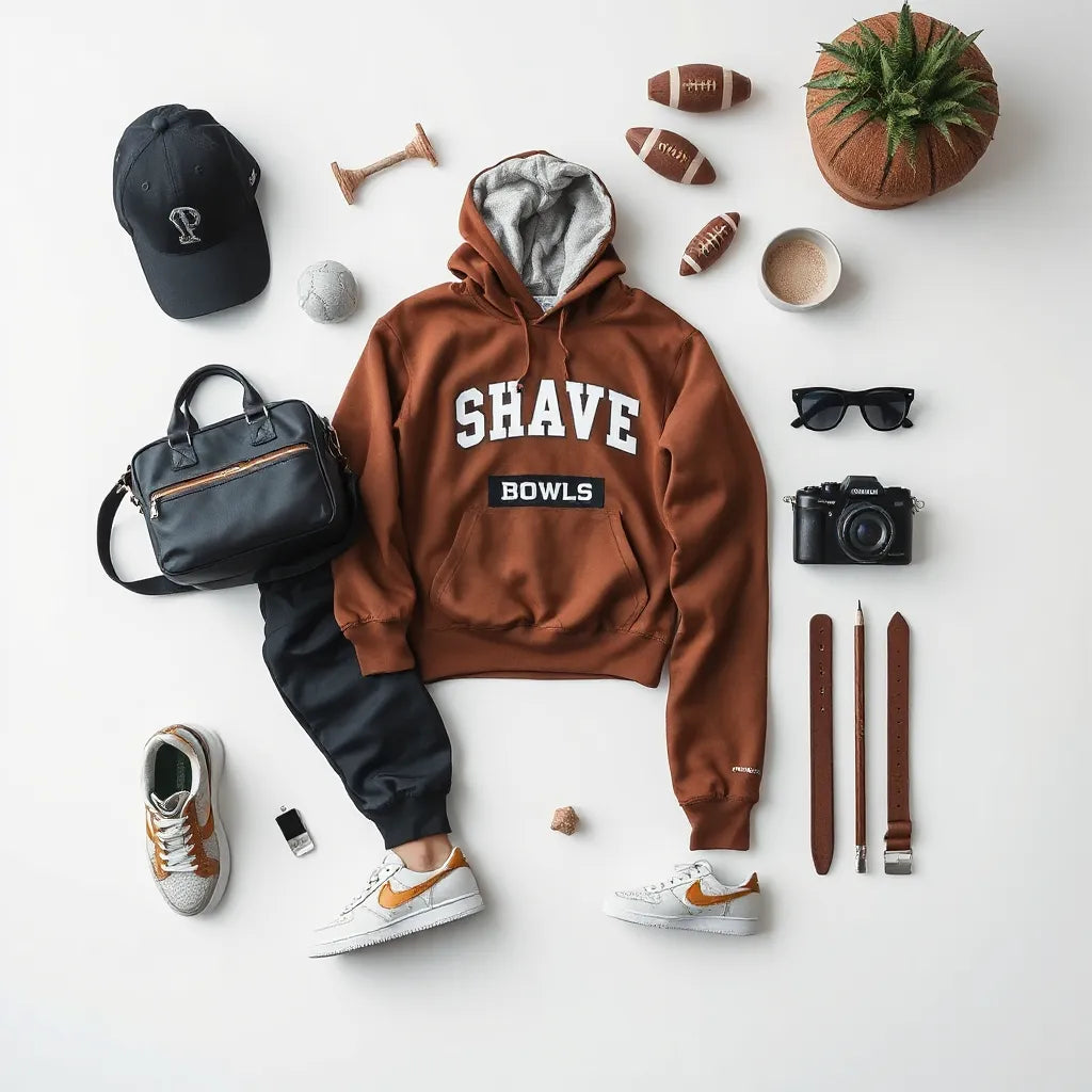 Streetwear outfit styled with a hoodie, joggers, cap, and sneakers for a Super Bowl game day look