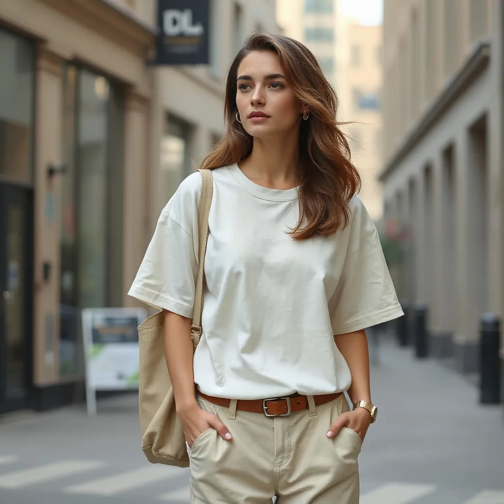 Model wearing a heavyweight loose fit t-shirt with relaxed, oversized drape on a simple street background