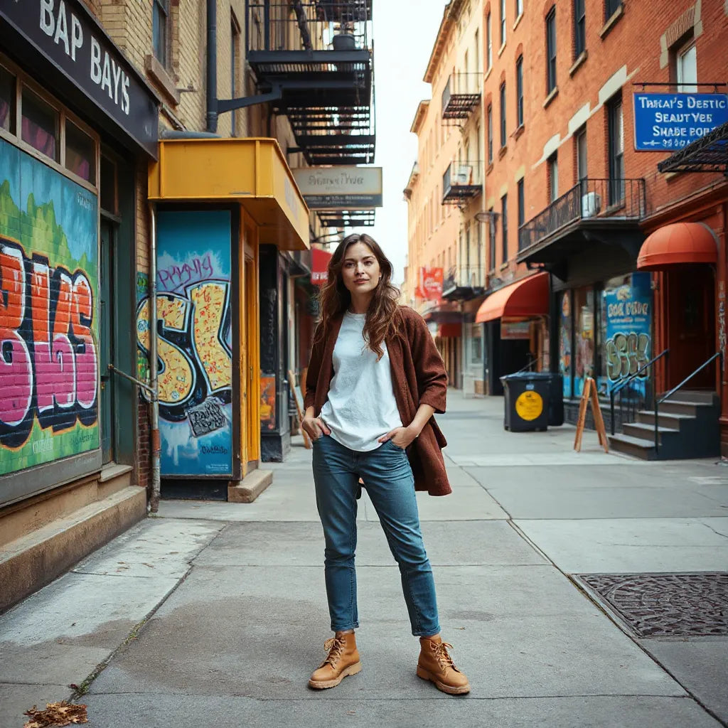 Casually dressed person on a Bronx street with colorful mural background and outfit details in focus