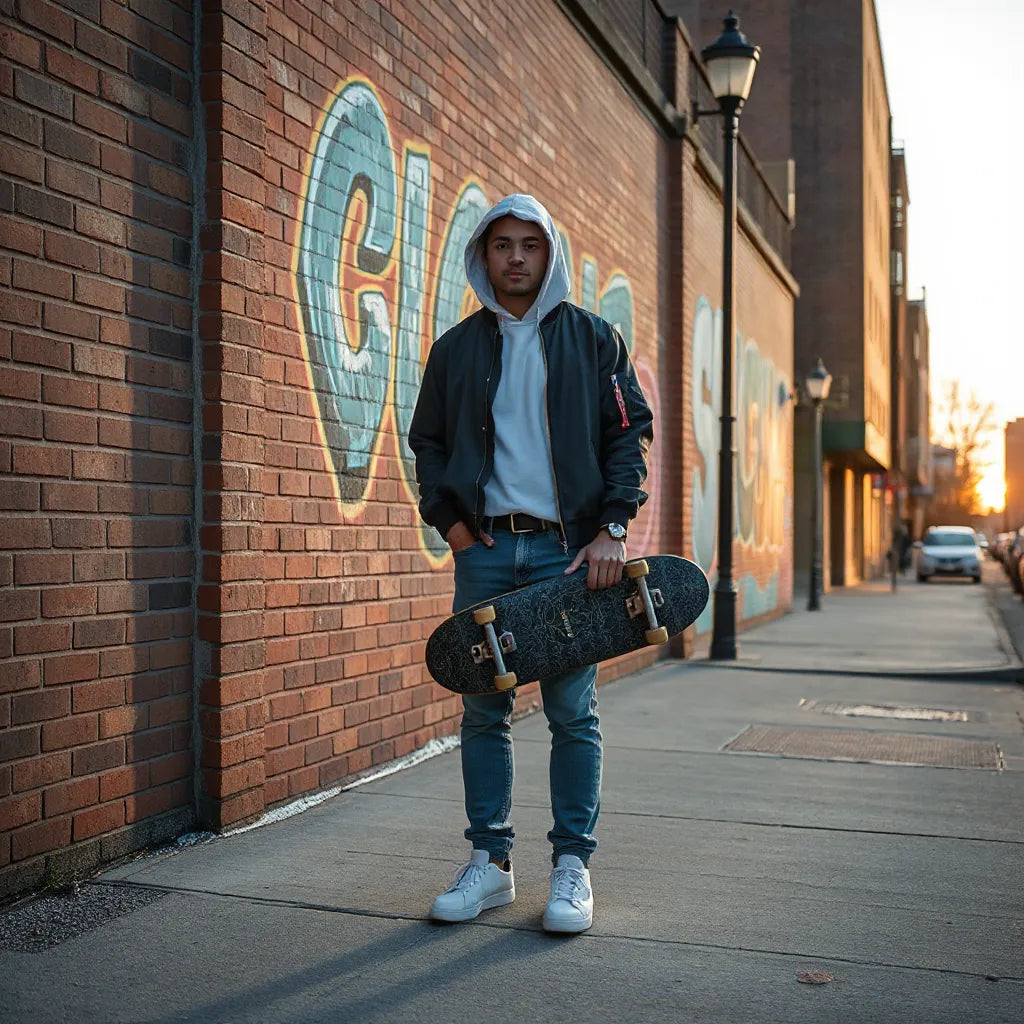 Person in layered streetwear near a brick wall in the Bronx with sneakers and a skateboard