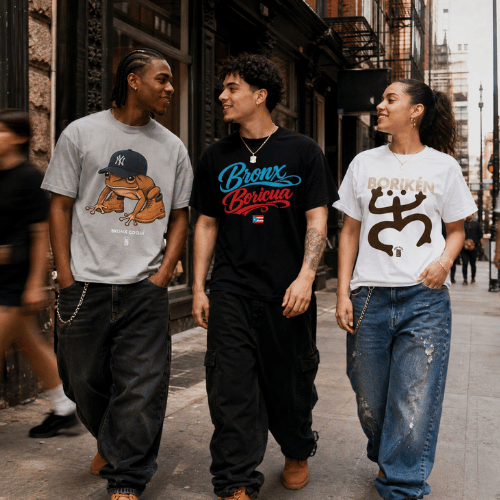 diverse group of young adults in streetwear walking down a bustling bronx street