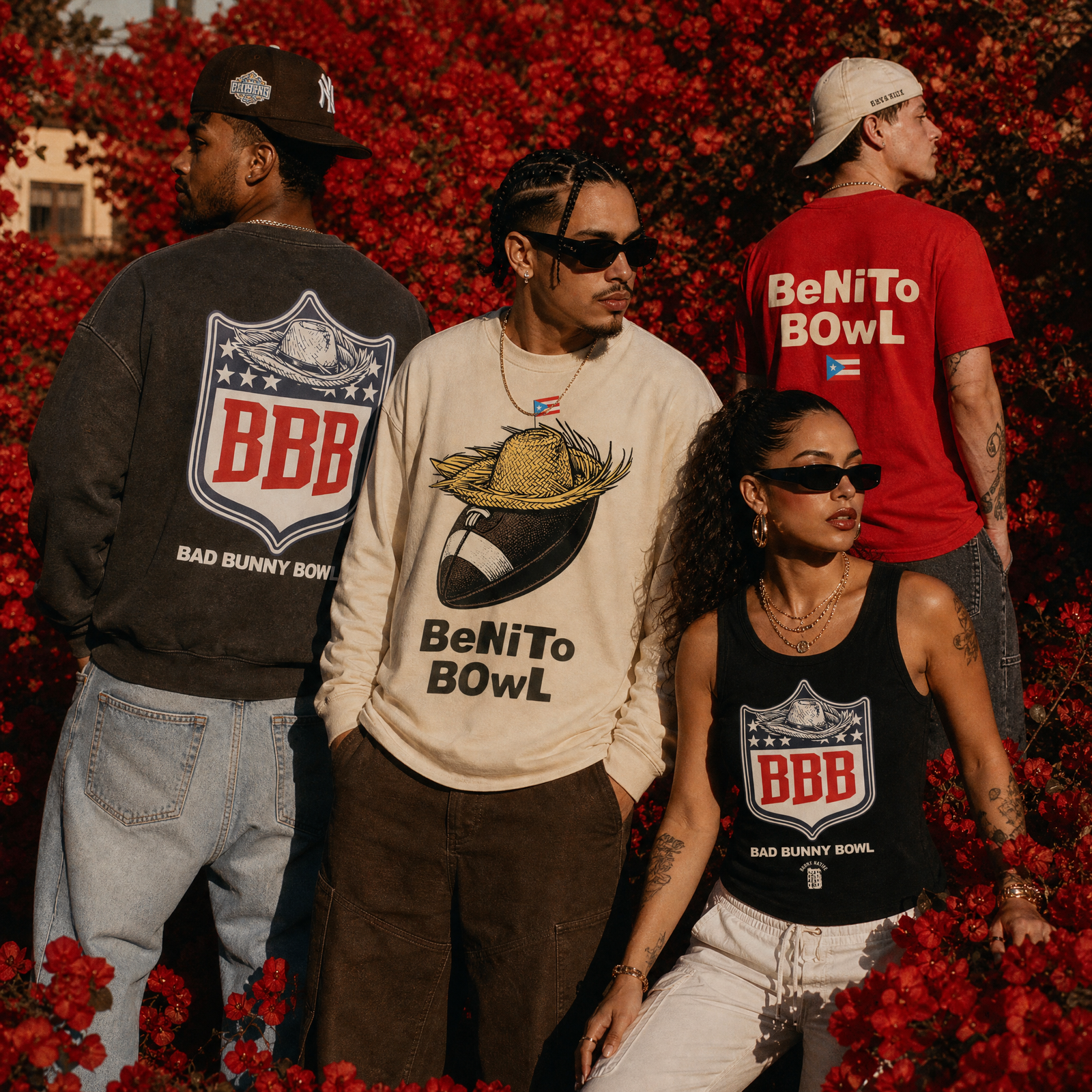 Stylish streetwear outfit featuring a Super Bowl-inspired graphic shirt in golden-hour urban light