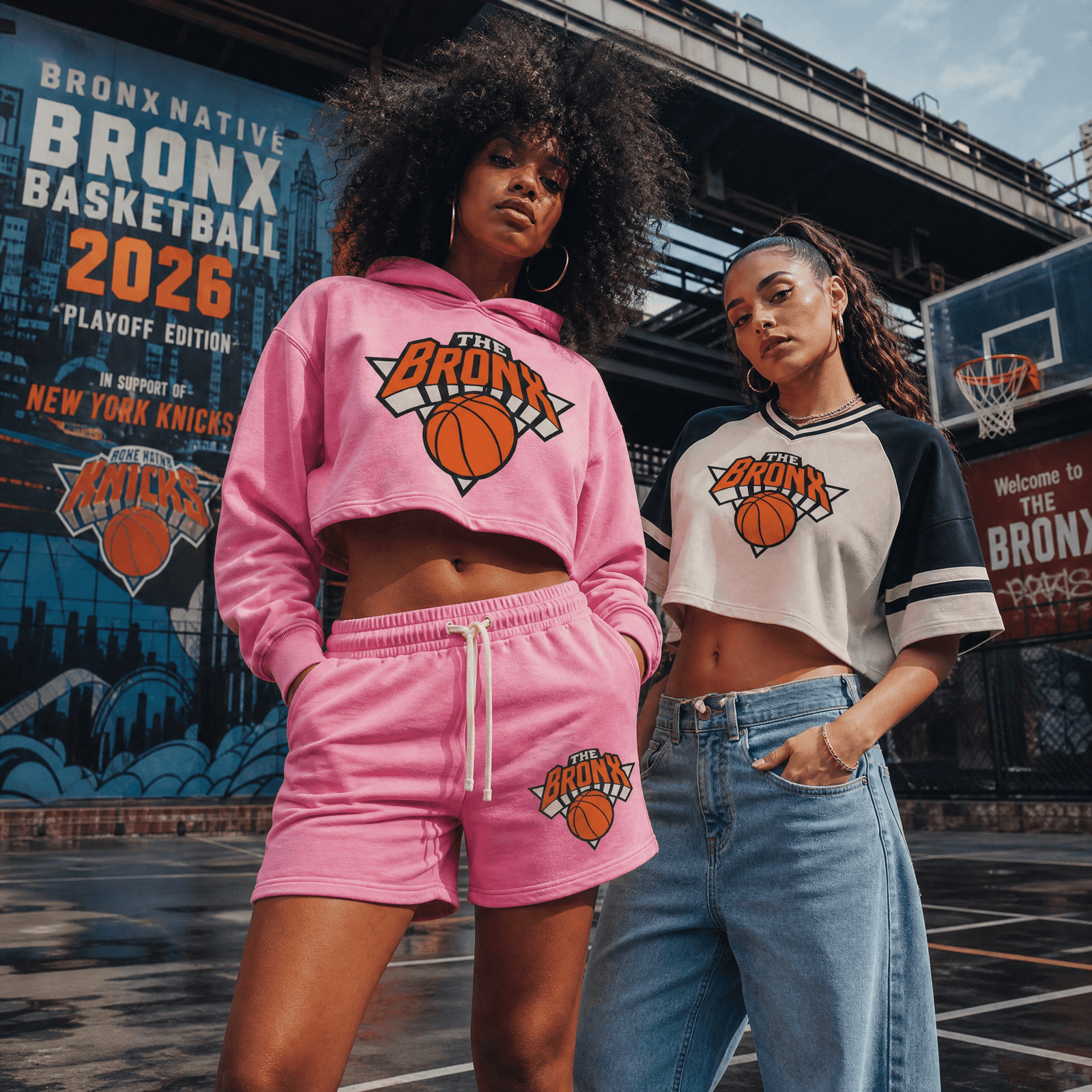 Casual streetwear outfit with a basketball-inspired hoodie and cap courtside at an outdoor urban court