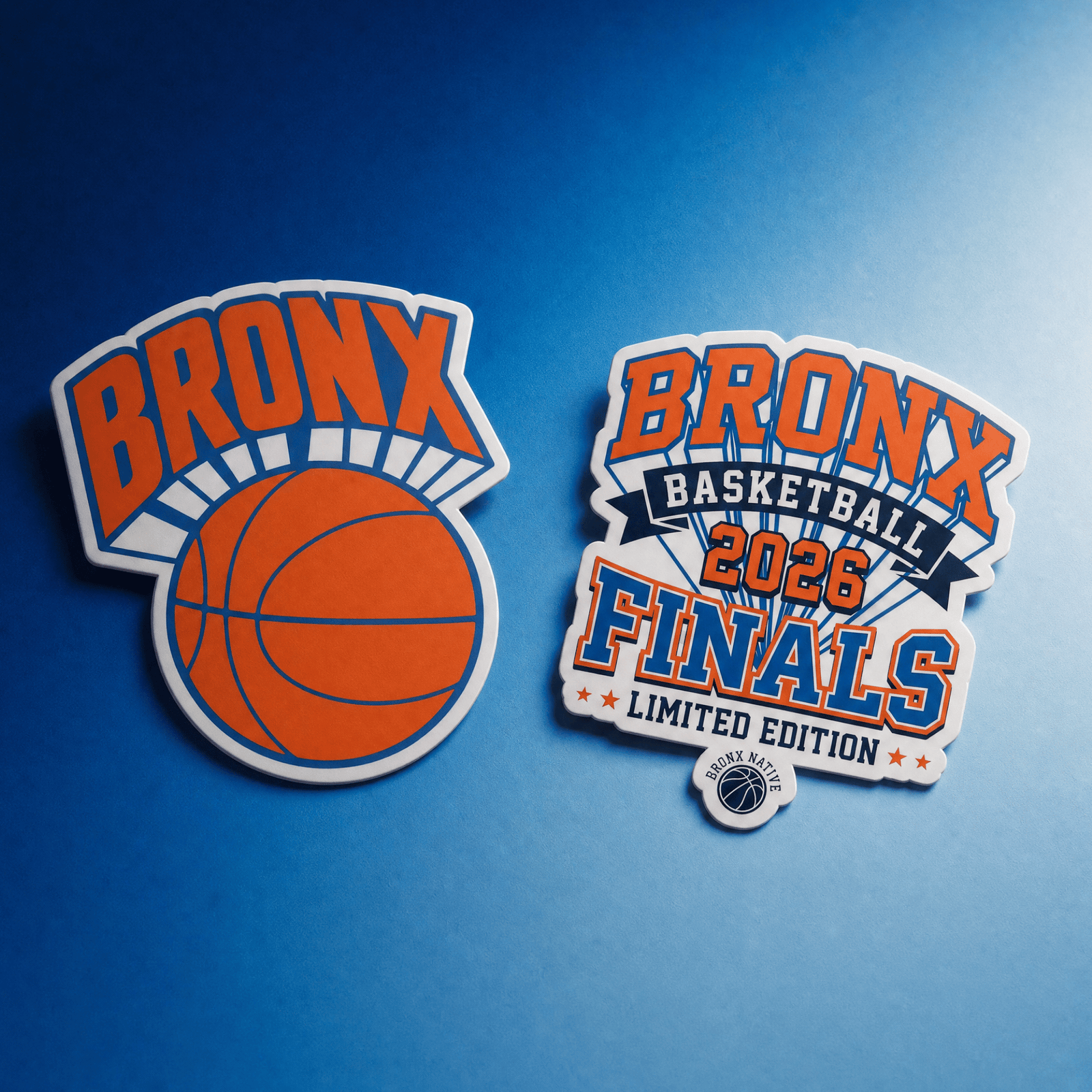 Assorted basketball-themed stickers beside a basketball and laptop on a clean desk