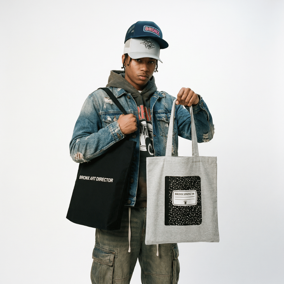 Model wearing Bronx Native streetwear with denim jacket hoodie and Bronx Native tote bags