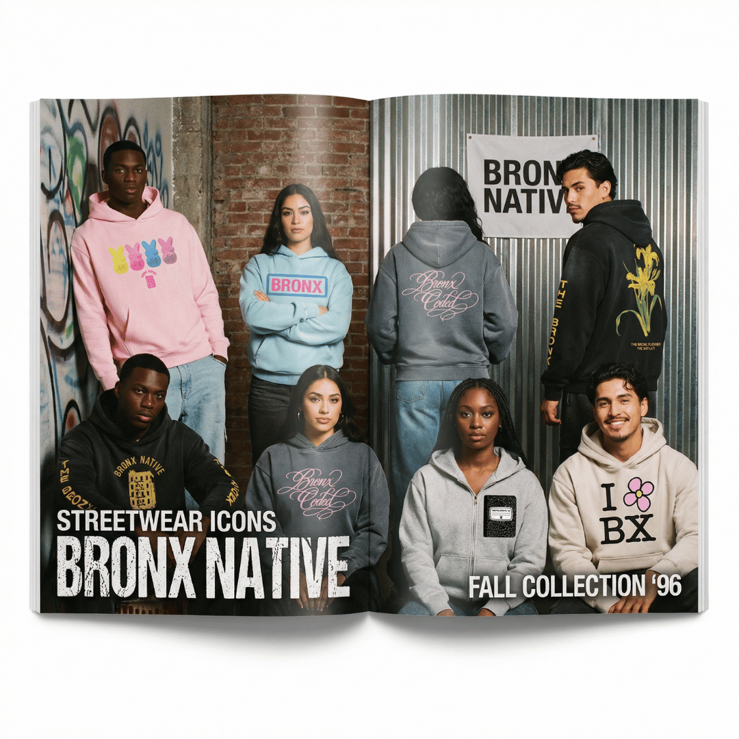 Bronx Native streetwear collection featuring diverse models in hoodies and apparel in editorial lookbook spread