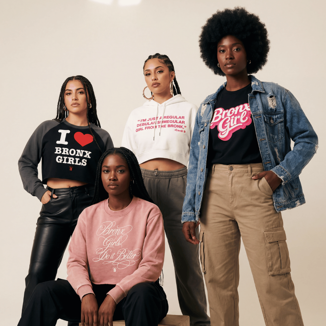 Diverse women wearing Bronx Native apparel featuring Bronx Girl and I Love Bronx Girls graphics