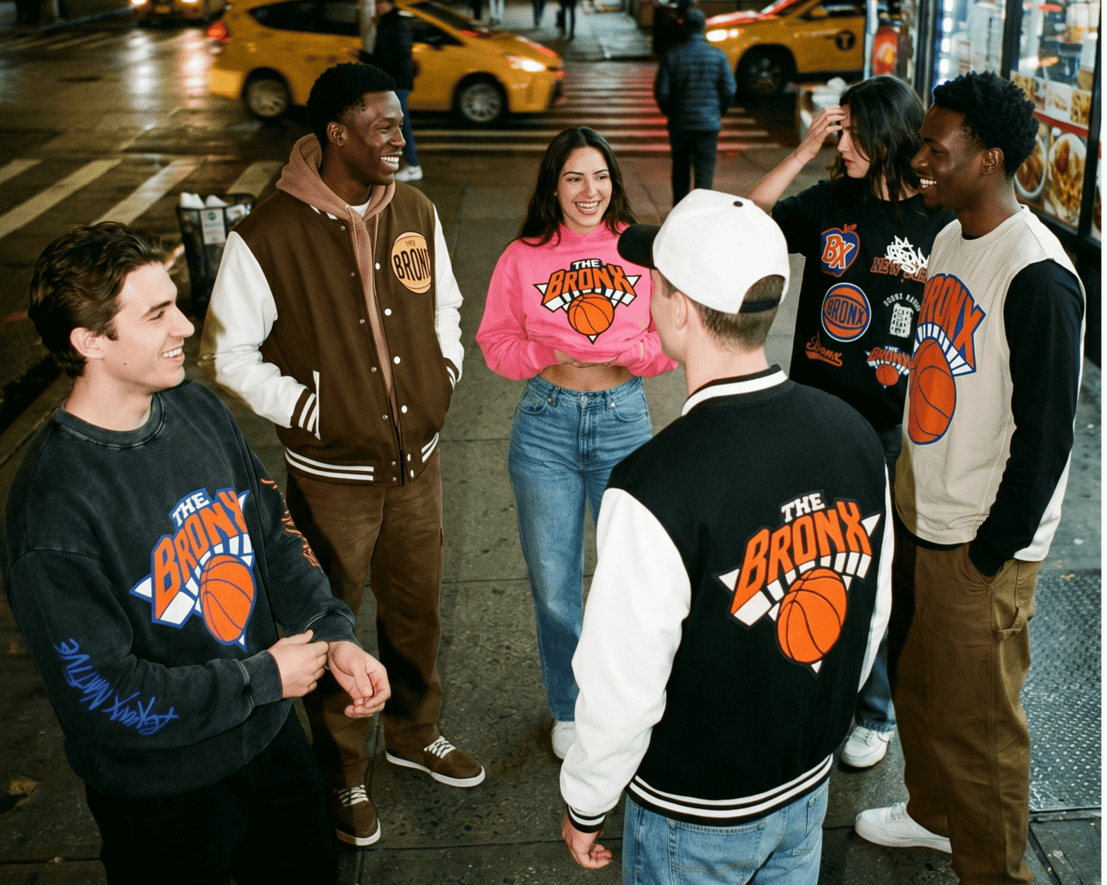 Group of friends in Bronx Native Bronx Basketball Finals hoodies, crews, and varsity jackets laughing outside a deli on a New York City street at night.