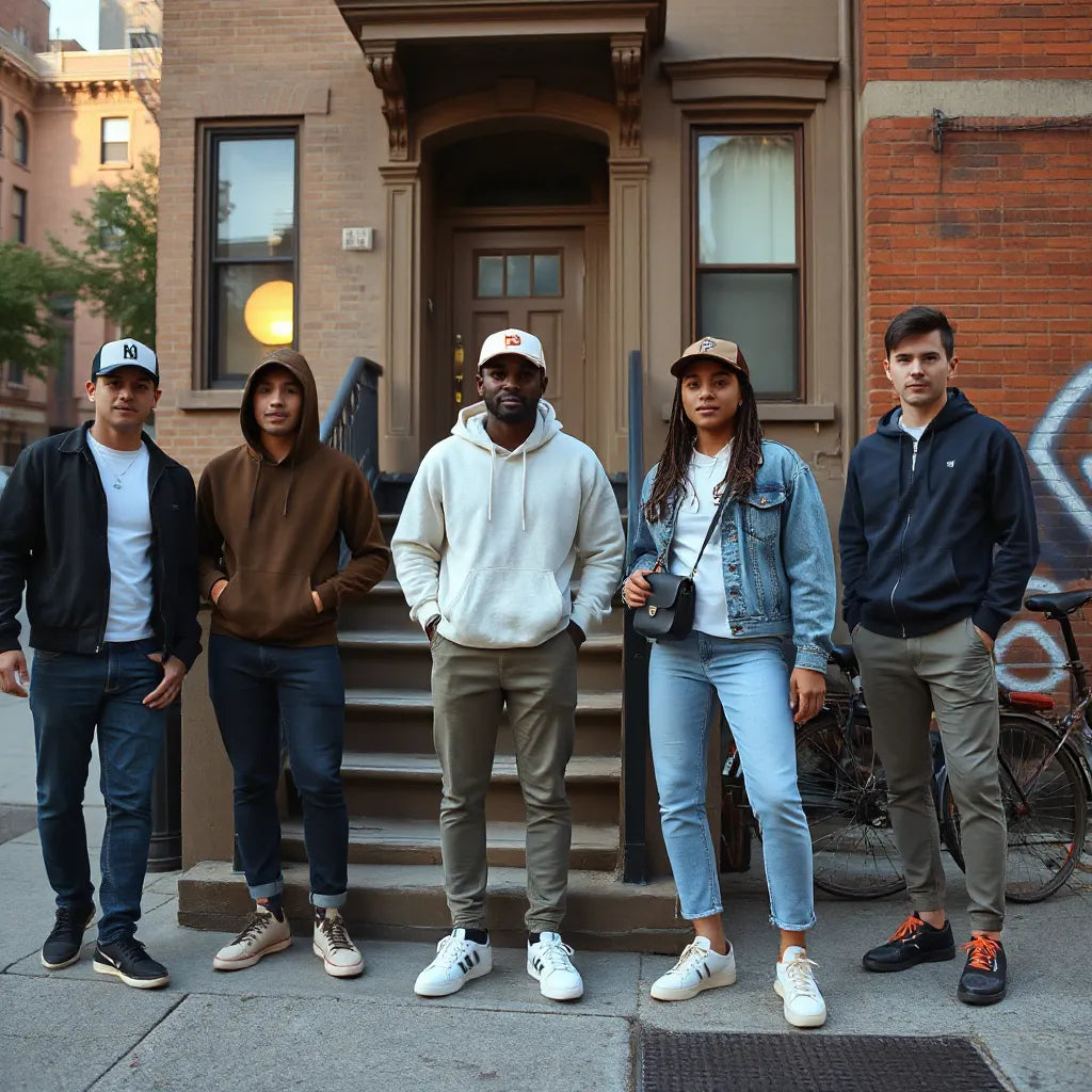 Friends in Bronx-inspired streetwear near brownstones, wearing hoodies, denim, caps, and sneakers