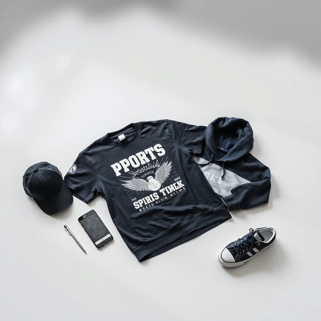 Streetwear set including a graphic t-shirt, hoodie, cap, and sneakers on a clean background