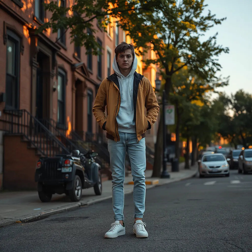 Streetwear outfit inspired by Bronx native style standing on a Bronx neighborhood street at golden hour