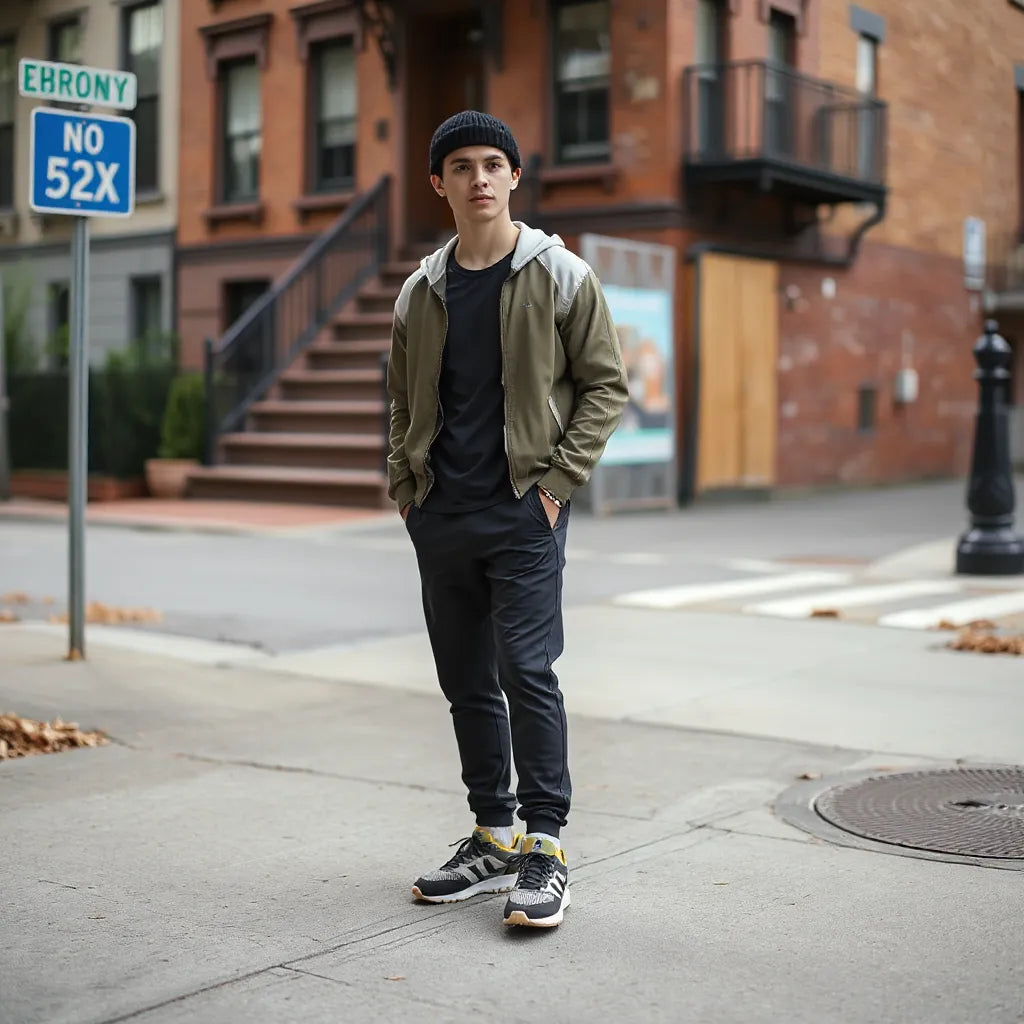 Person styling Bronx sports apparel with sporty jacket, athletic top, and sneakers on a Bronx street