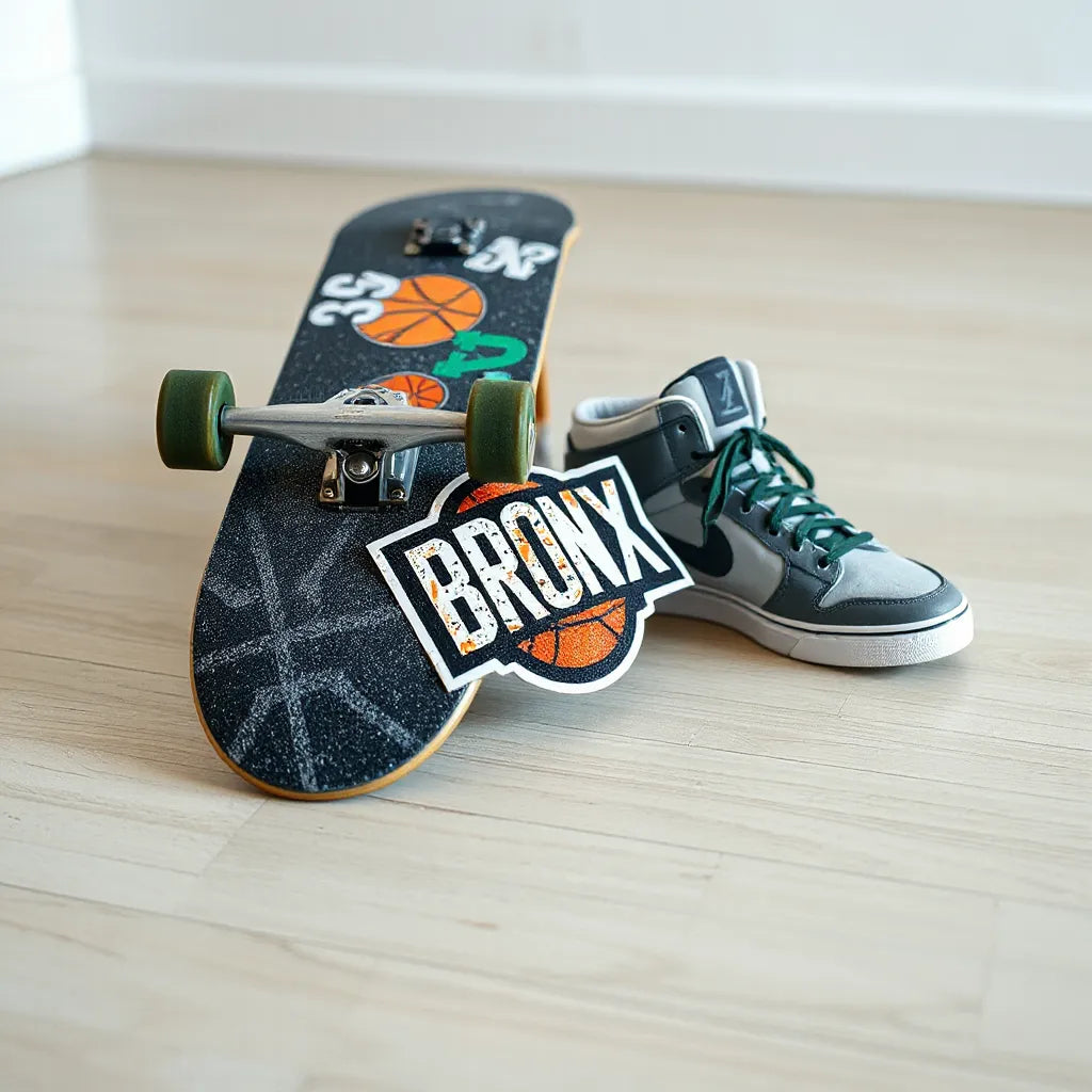 Basketball-themed decals on sneakers and skateboard with one featured Bronx-style sticker