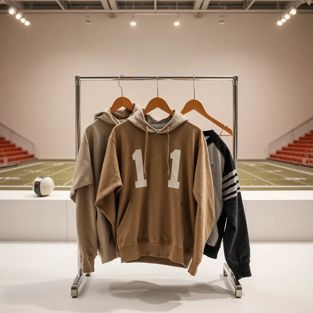 Curated streetwear items and a football on a clean shopping rack for game-day styling