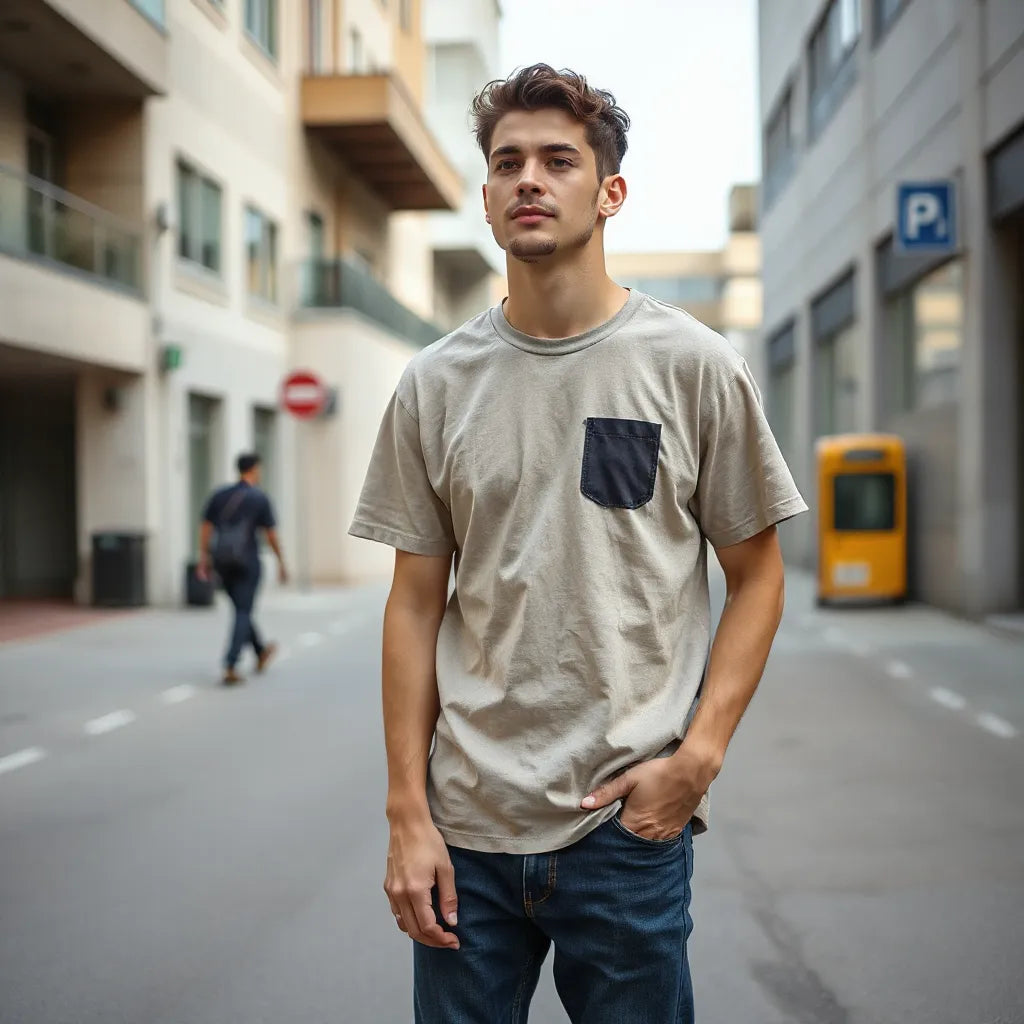 Person wearing a well-fitted heavyweight graphic tee with a bold chest print in natural daylight