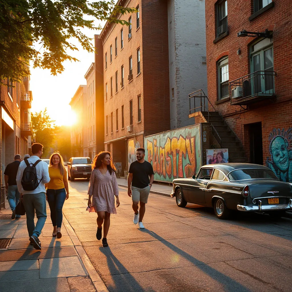 Friends walking along a Bronx street with colorful brick buildings and a mural wall in the background