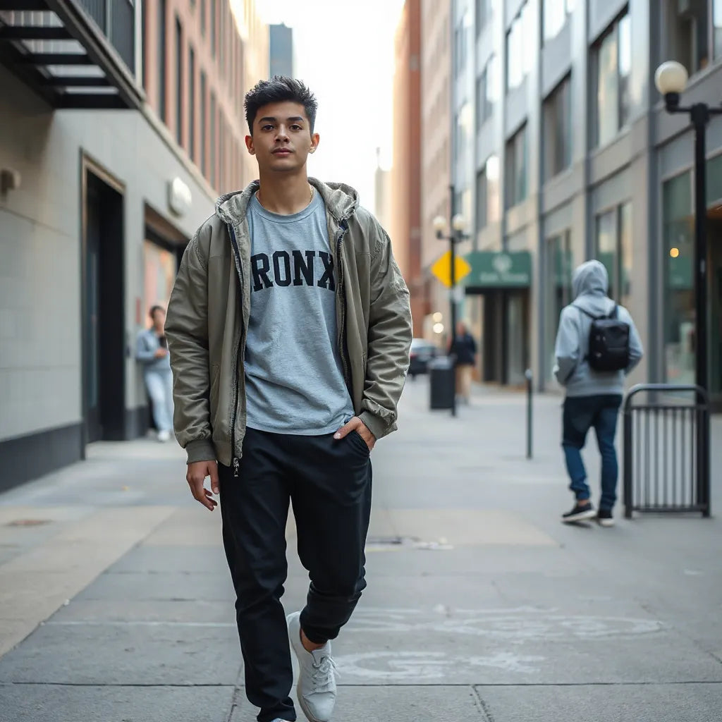 Person wearing casual streetwear with a graphic tee, jacket, and sneakers on a city sidewalk