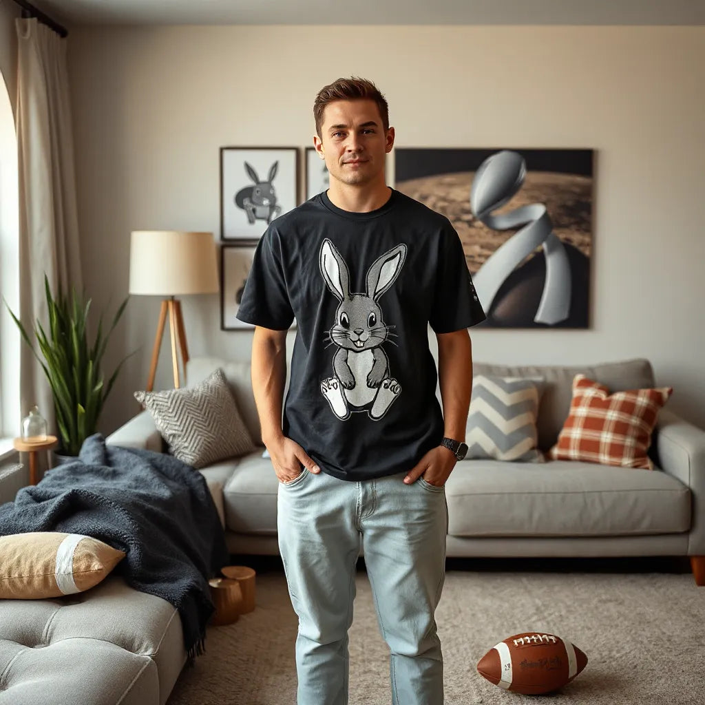 Casual streetwear outfit featuring a graphic tee styled for a Super Bowl watch party in a living room