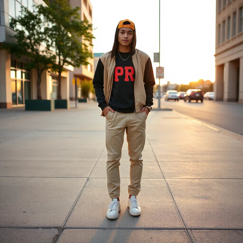 Streetwear-inspired outfit with Puerto Rican inspired colors styled for an everyday urban look