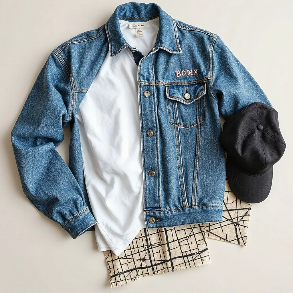 Streetwear outfit with subtle Bronx-inspired patterns and embroidered denim detail on a clean neutral setting