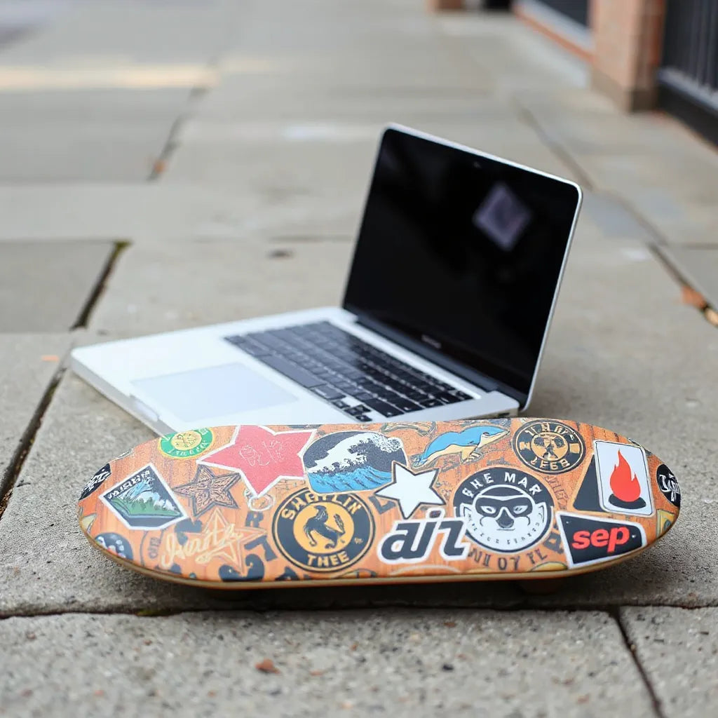Laptop and skateboard deck with assorted urban lifestyle stickers in natural daylight